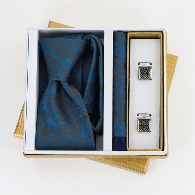 Pachet cadou pentru bărbați - Cravată Albastră, Batistă și Butoni în Cutie Aurie BSsetCR2310924