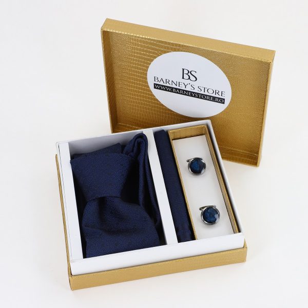 Pachet cadou pentru bărbați - Cravată Bleumarin, Batistă și Butoni în Cutie Aurie BSsetCR2310925 5