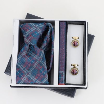 Pachet cadou pentru bărbați - Cravată albastră, Batistă și Butoni în Cutie Neagră BSsetCR2310910