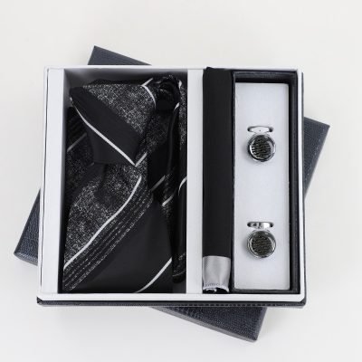 Pachet cadou pentru bărbați - Cravată neagră, Batistă și Butoni în Cutie Neagră BSsetCR2310911