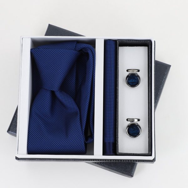 Pachet cadou pentru bărbați - Cravată albastră, Batistă și Butoni în Cutie Neagră BSsetCR2310912 5