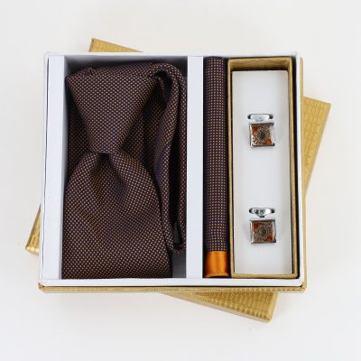 Pachet cadou pentru bărbați - Cravată aurie, Batistă și Butoni în Cutie Aurie BSsetCR2310928