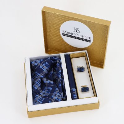 Cadouri Barbati - Pachet cadou pentru bărbați - Cravată bleumarin, Batistă și Butoni în Cutie Aurie BSsetCR2310927