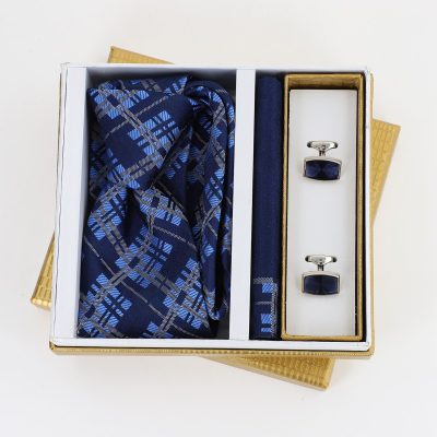Pachet cadou pentru bărbați - Cravată bleumarin, Batistă și Butoni în Cutie Aurie BSsetCR2310927