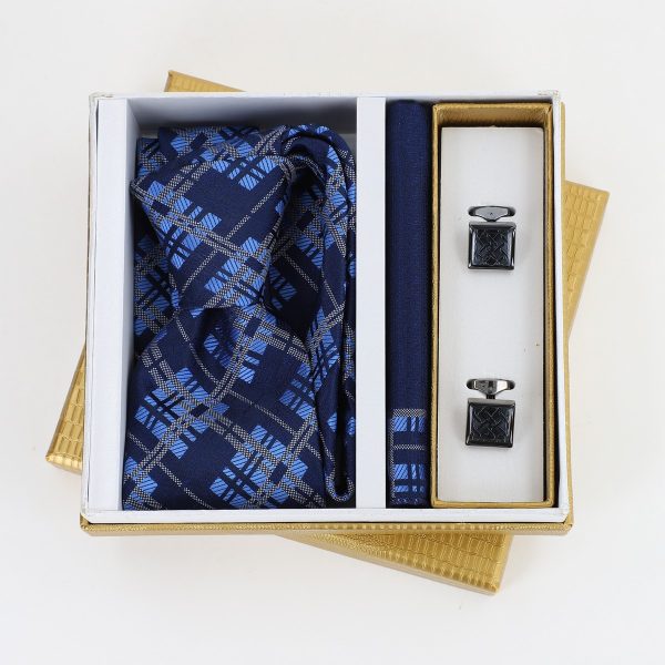 Pachet cadou pentru bărbați - Cravată bleumarin, Batistă și Butoni în Cutie Aurie BSsetCR2310931 4