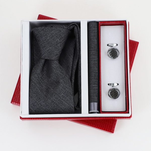 Pachet cadou pentru bărbați - Cravată Gri, Batistă și Butoni în Cutie Roșie BSsetCR2310919 5