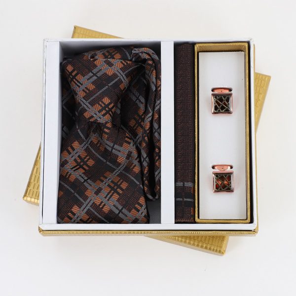 Pachet cadou pentru bărbați - Cravată Maro, Batistă și Butoni în Cutie Aurie BSsetCR2310923 5