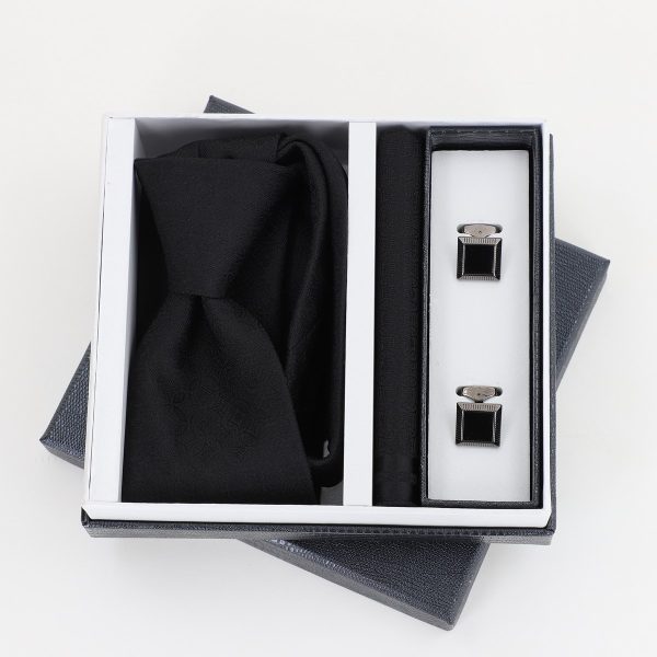 Pachet cadou pentru bărbați - Cravată Neagră, Batistă și Butoni în Cutie Neagră BSsetCR2310901 5