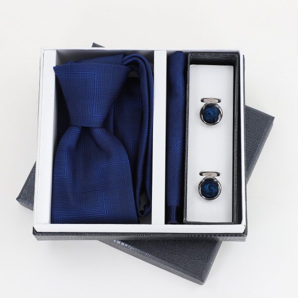 Pachet cadou pentru bărbați - Cravată Albastră, Batistă și Butoni în Cutie Neagră BSsetCR2310903 6