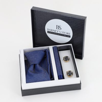 Cadouri Barbati - Pachet cadou pentru bărbați - Cravată Bleumarin, Batistă și Butoni în Cutie Neagră BSsetCR2310904