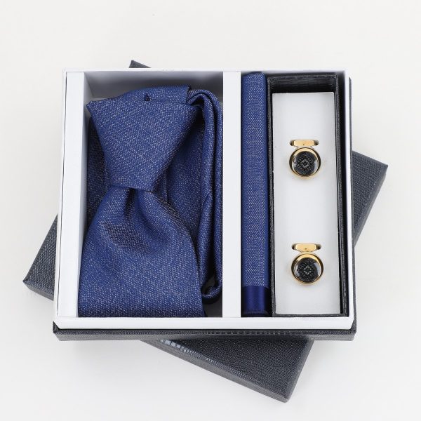 Pachet cadou pentru bărbați - Cravată Bleumarin, Batistă și Butoni în Cutie Neagră BSsetCR2310904 6