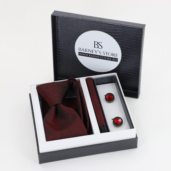 Cadouri Barbati - Pachet cadou pentru bărbați - Cravată Vișinie, Batistă și Butoni în Cutie Neagră BSsetCR2310905