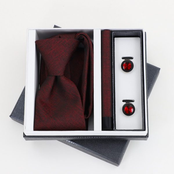 Pachet cadou pentru bărbați - Cravată Vișinie, Batistă și Butoni în Cutie Neagră BSsetCR2310905 5