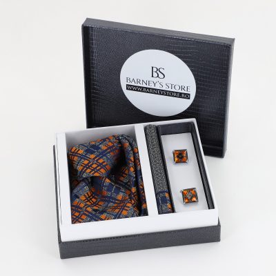 Cadouri Barbati - Pachet cadou pentru bărbați - Cravată Bleu cu maro, Batistă și Butoni în Cutie Neagră BSsetCR2310906