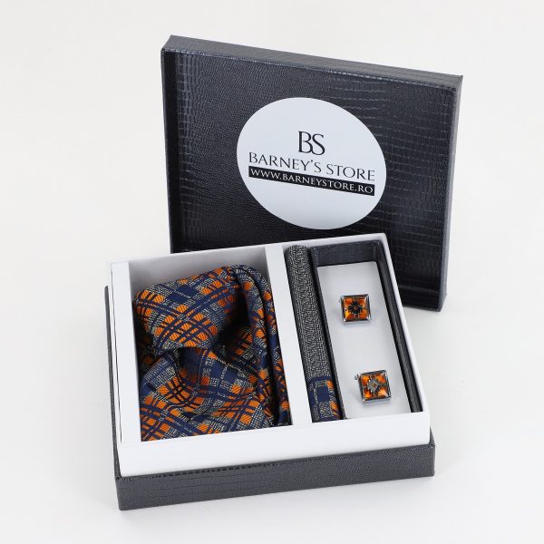 Pachet cadou pentru bărbați - Cravată Bleu cu maro, Batistă și Butoni în Cutie Neagră BSsetCR2310906 4