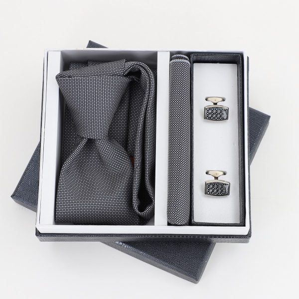 Pachet cadou pentru bărbați - Cravată Gri, Batistă și Butoni în Cutie Neagră BSsetCR2310909 6