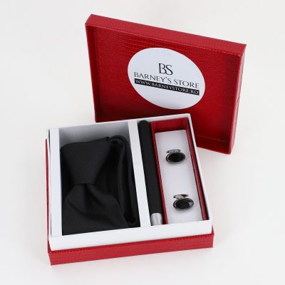 Cadouri Barbati - Pachet cadou pentru bărbați - Cravată Neagră, Batistă și Butoni în Cutie Roșie BSsetCR2310922
