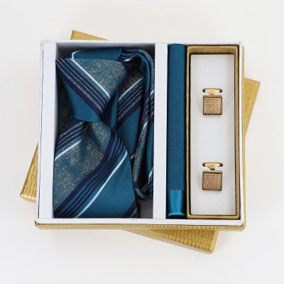 Pachet cadou pentru bărbați - Cravată turcoaz, Batistă și Butoni în Cutie Aurie BSsetCR2310929