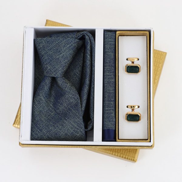 Pachet cadou pentru bărbați - Cravată verde, Batistă și Butoni în Cutie Aurie BSsetCR2310930 5
