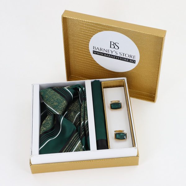 Pachet cadou pentru bărbați - Cravată verde, Batistă și Butoni în Cutie Aurie BSsetCR2310932 5