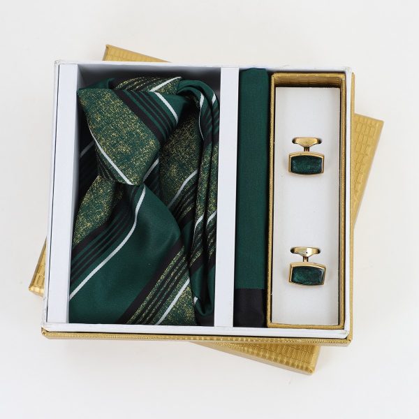 Pachet cadou pentru bărbați - Cravată verde, Batistă și Butoni în Cutie Aurie BSsetCR2310932 4