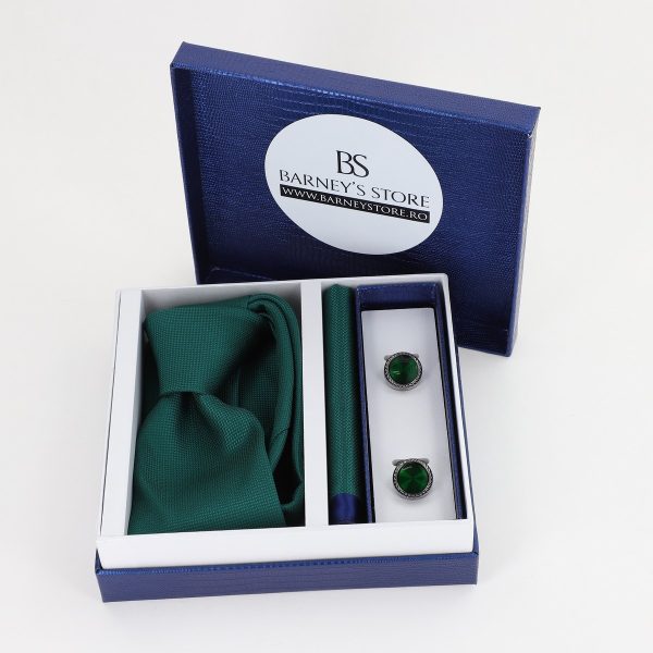 Cadouri Barbati - Pachet cadou pentru bărbați - Cravată Verde, Batistă și Butoni în Cutie Bleumarin BSsetCR2310913