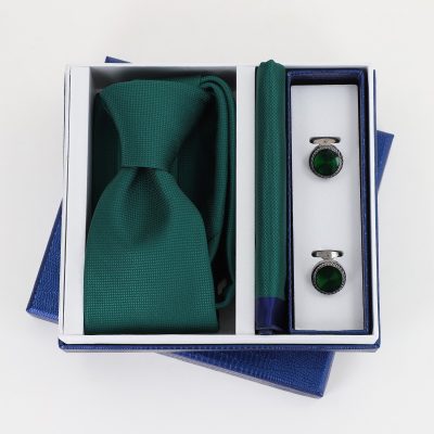 Pachet cadou pentru bărbați - Cravată Verde, Batistă și Butoni în Cutie Bleumarin BSsetCR2310913