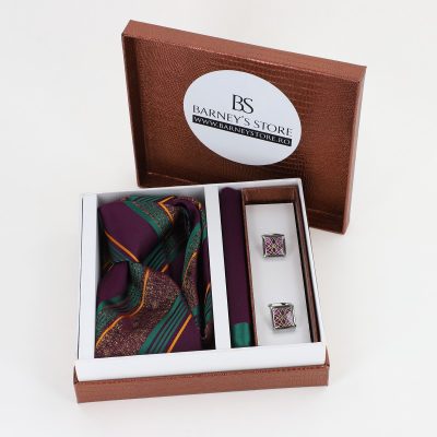 Cadouri Barbati - Pachet cadou pentru bărbați - Cravată Violet, Batistă și Butoni în Cutie Maro BSsetCR2310917