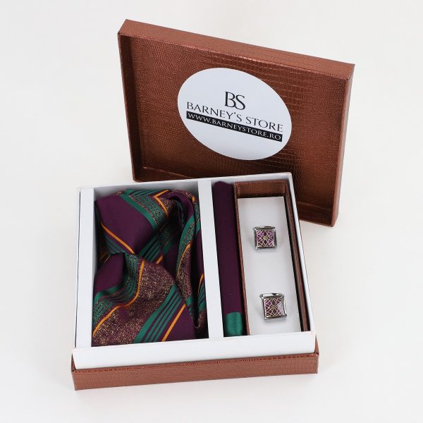 Pachet cadou pentru bărbați - Cravată Violet, Batistă și Butoni în Cutie Maro BSsetCR2310917 6