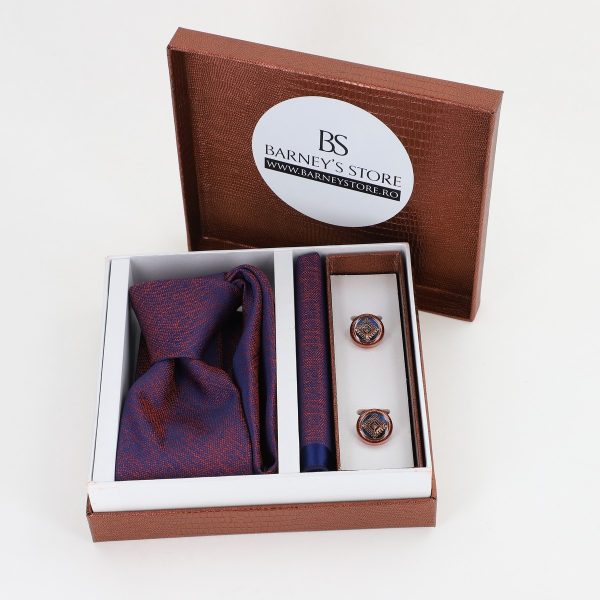 Pachet cadou pentru bărbați - Cravată Violet, Batistă și Butoni în Cutie Maro BSsetCR2310918 6