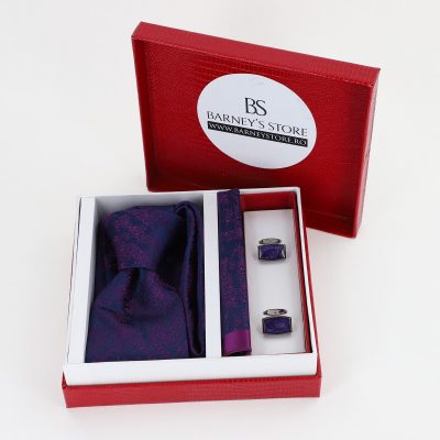 Cadouri Barbati - Pachet cadou pentru bărbați - Cravată Violet, Batistă și Butoni în Cutie Roșie BSsetCR2310921