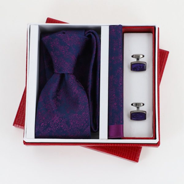 Pachet cadou pentru bărbați - Cravată Violet, Batistă și Butoni în Cutie Roșie BSsetCR2310921 5