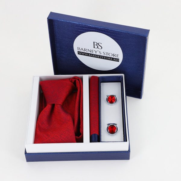 Cadouri Barbati - Pachet cadou pentru bărbați - Cravată Vișiniu, Batistă și Butoni în Cutie Bleumarin BSsetCR2310914