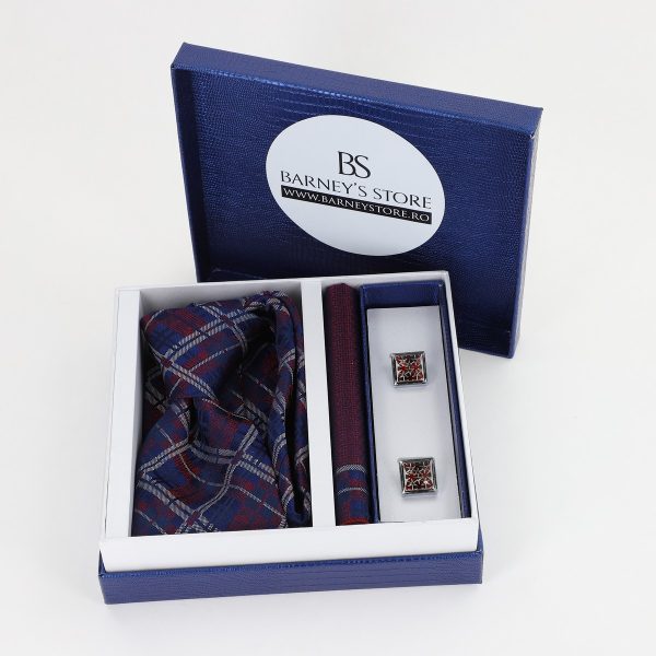 Cadouri Barbati - Pachet cadou pentru bărbați - Cravată Bordo, Batistă și Butoni în Cutie Bleumarin BSsetCR2310915