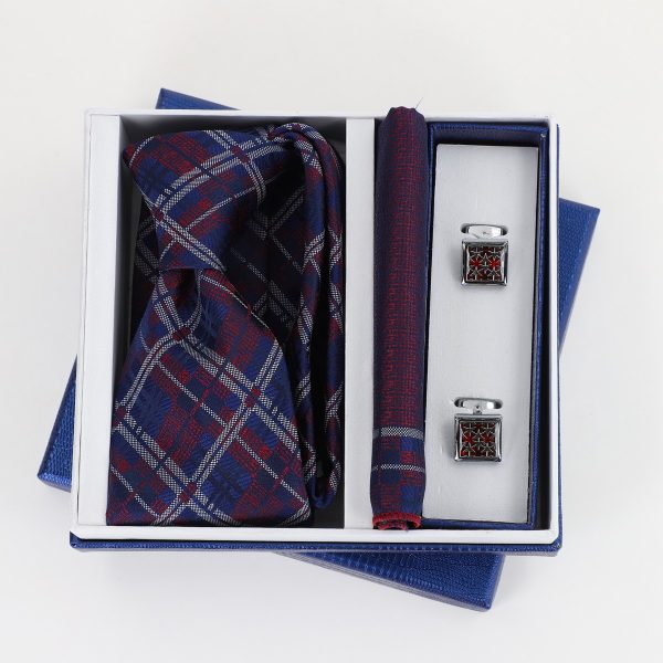 Pachet cadou pentru bărbați - Cravată Bordo, Batistă și Butoni în Cutie Bleumarin BSsetCR2310915 5