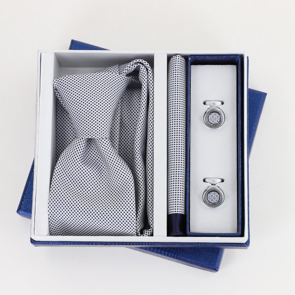 Pachet cadou pentru bărbați - Cravată Albă, Batistă și Butoni în Cutie Bleumarin BSsetCR2310916 5