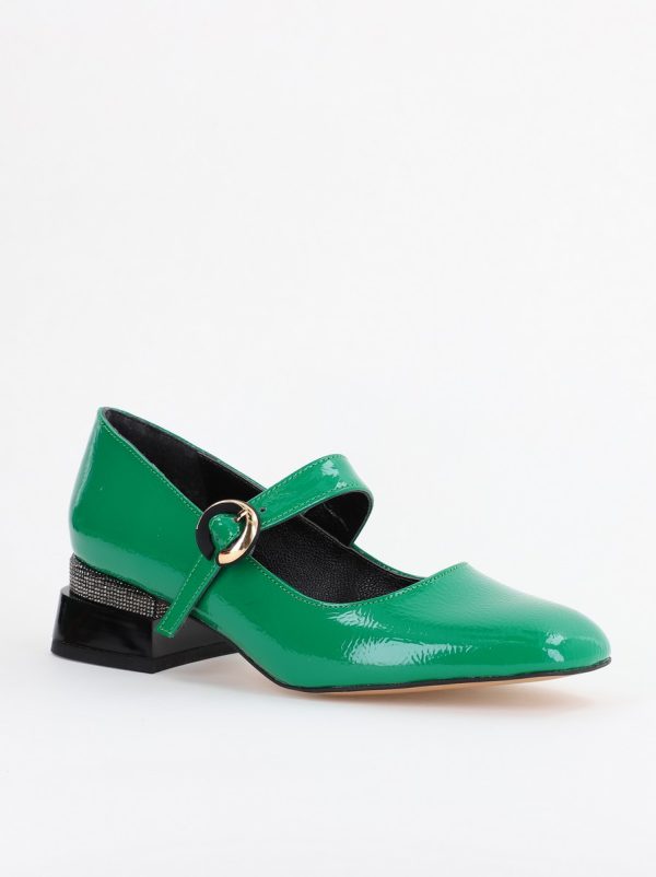 Incaltaminte Dama - Pantofi cu Toc Jos Eleganti Ornamente cu Pietricele din Piele Ecologica culoare Verde Lucios - BS102AY2311330