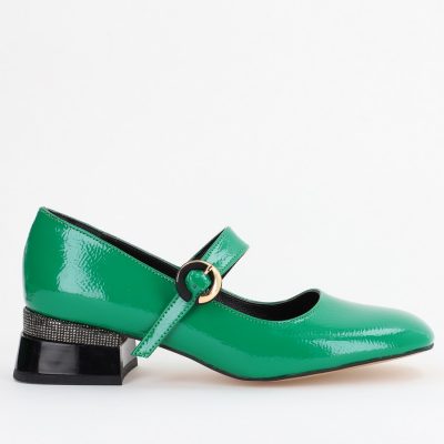 Pantofi cu Toc Jos Eleganti dama Ornamente cu Pietricele din Piele Ecologica culoare Verde Lucios