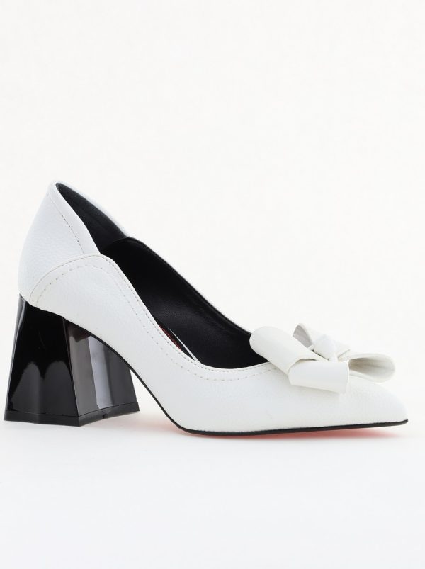 Pantofi cu Toc Gros Dama - Pantofi Damă cu Toc din Piele Ecologică cu fundiță alb mat (BS2000D2401594)