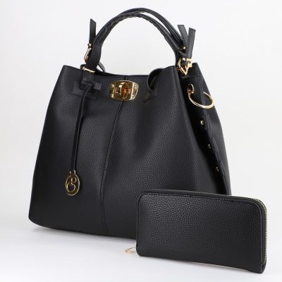 Set Geanta si Portofel - Set geanta cu portofel femei din piele eco neagra cu două compartimente inchidere metalică