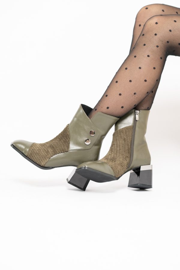 Botine elegante cu toc damă din piele ecologică închidere cu fermoar Kaki BS600BT2312018 141