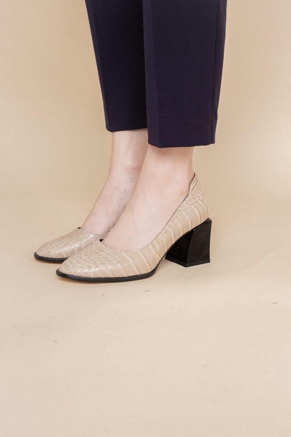 Pantofi cu Toc Gros Piele Ecologica Texturată Varf Rotund culoare Bej (BS612CAY2401562) 181