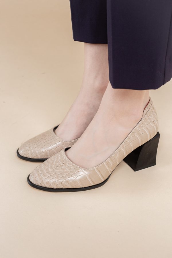 Pantofi cu Toc Gros Piele Ecologica Texturată Varf Rotund culoare Bej (BS612CAY2401562) 7