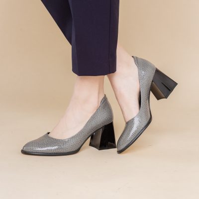 Pantofi cu Toc Gros Piele Ecologica Texturată Varf Rotund culoare Gri lucios(BS6122AY2401558)