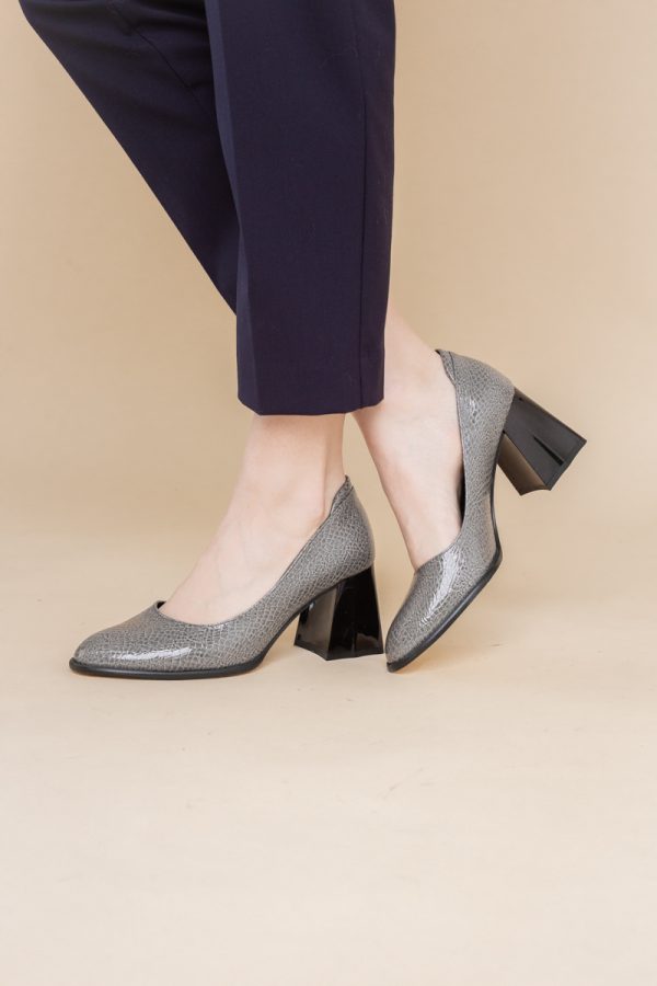 Pantofi cu Toc Gros Piele Ecologica Texturată Varf Rotund culoare Gri lucios(BS6122AY2401558) 5