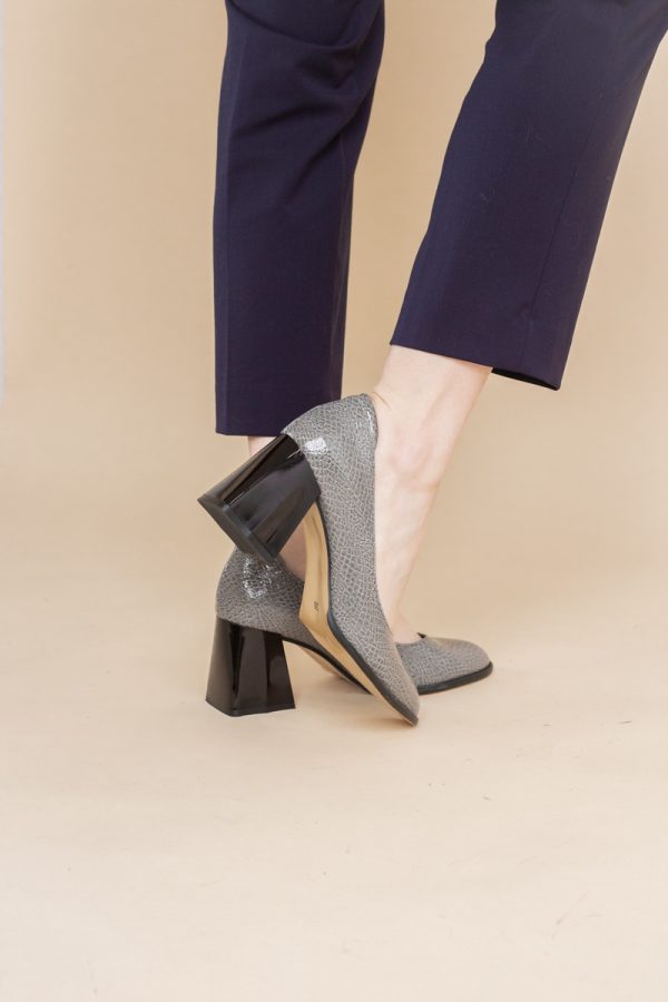 Pantofi cu Toc Gros Piele Ecologica Texturată Varf Rotund culoare Gri lucios(BS6122AY2401558) 175
