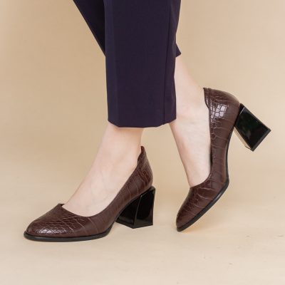 Pantofi cu Toc Gros Piele Ecologica Texturată Varf Rotund culoare Vișiniu(BS612CAY2401564)