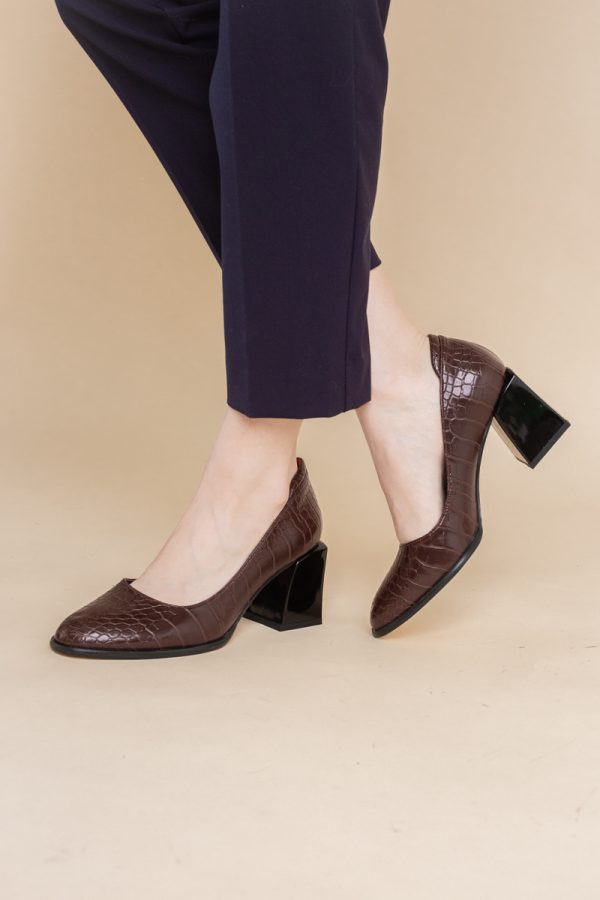 Pantofi cu Toc Gros Piele Ecologica Texturată Varf Rotund culoare Vișiniu(BS612CAY2401564) 5