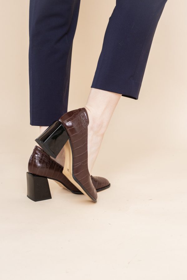 Pantofi cu Toc Gros Piele Ecologica Texturată Varf Rotund culoare Vișiniu(BS612CAY2401564) 7