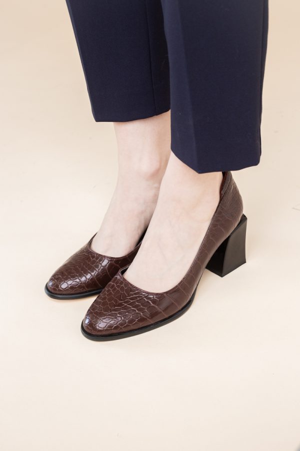 Pantofi cu Toc Gros Piele Ecologica Texturată Varf Rotund culoare Vișiniu(BS612CAY2401564) 9